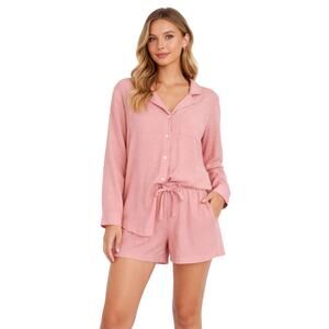 Ekouaer Womens Pajama Set M Button Down Long Sleeve Top + Shorts Pink NWOT